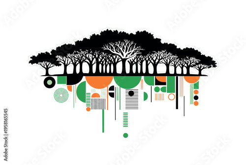multiple trees forming shared canopy abstract circles semicircles lines and geometric blocks symbolizing forest ecosystem black and white retro tree