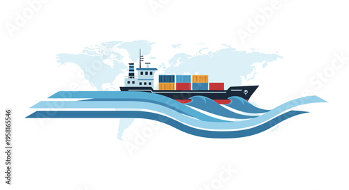 A cargo ship laden with colorful containers sails on stylized blue waves against a subtle world map background.