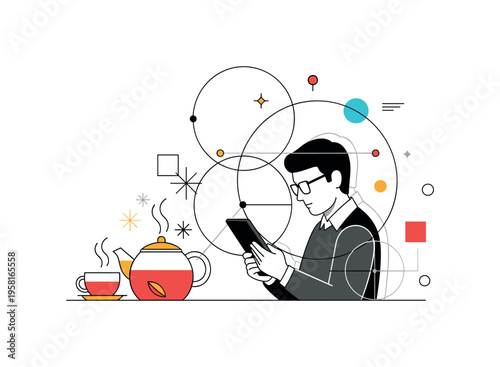 Tea pot peaceful tea ritual with a teapot gently steaming beside a cup representing quiet relaxation and mindful moments during the day. Decorative spark icons