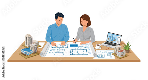 A man and a woman are working on blueprints and architectural models at a wooden desk with a laptop and coffee.
