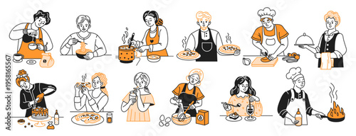 Colorful illustrations showing various people engaged in cooking and baking activities. Each character is preparing different dishes with enthusiasm and creativity in a kitchen setting.