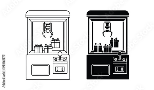 Silhouette of two claw machine silhouettes side by side in black and white