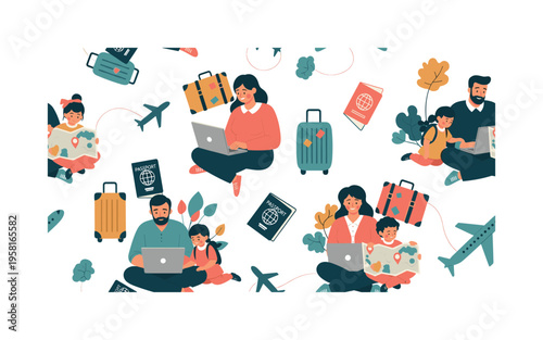 Family digital nomad adventure seamless pattern, parents working on laptops children exploring maps suitcases passports and airplanes arranged in a repeating
