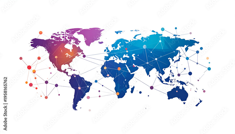 Fototapeta premium World map global network connection concept in geometric polygon style with vibrant colors