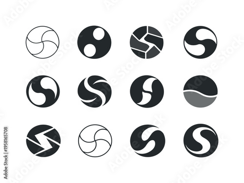 Abstract. Icon set. Set Logo of Abstract: balanced abstract circle. harmonious logo variations of the same emblematic concept, each with different artistic