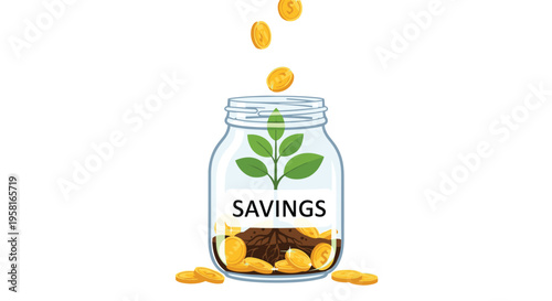 An illustrated glass jar labeled SAVINGS contains a growing plant and falling golden coins on a white background.