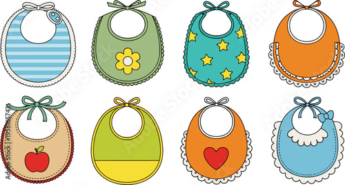 Cute Baby Bib Collection Set with Colorful Patterns and Decorative Designs for Infant Feeding, Nursery Accessories, Childcare Products, and Kids Apparel Illustration