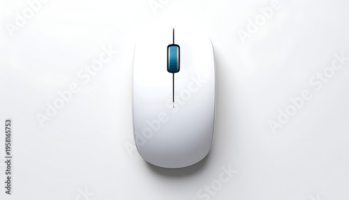 Wireless white computer mouse with blue scroll wheel on clean white background