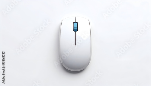 White wireless computer mouse with blue scroll wheel on a plain white surface in studio lighting