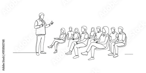 Community Health Workshop. Minimalistic one-line drawing group of people seated while instructor demonstrates health tips, continuous single black line on