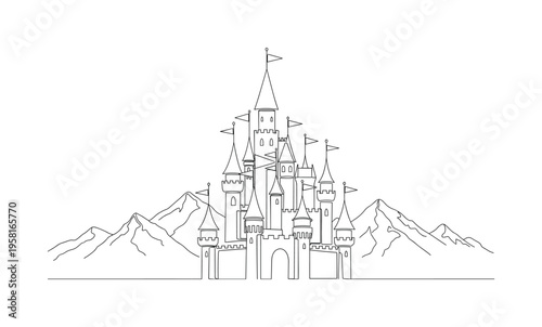 Fantasy Kingdom. Minimalistic one-line drawing castle with towers, banners, and distant mountains representing a fairytale kingdom, continuous single black