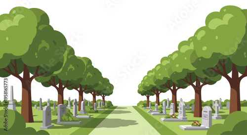 An illustrated cemetery with rows of gray gravestones and lush green trees lines a central path under a white sky.