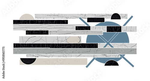 abstract faded quilt fabric composition with patchwork strips arranged in horizontal layers, black and white textile textures with stitched seams, bold dusty