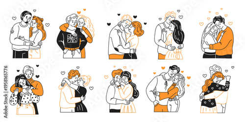 Illustrations of affectionate couples embracing with loving expressions. Minimalist style in black, white, and orange. Represents romance and intimacy.