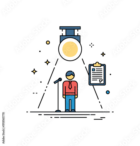 Audition spotlight scene centered on a single performer standing beneath a bright circular stage light with a small clipboard icon nearby,
