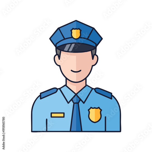 A flat illustration of a police officer wearing a cap, uniform, and tie