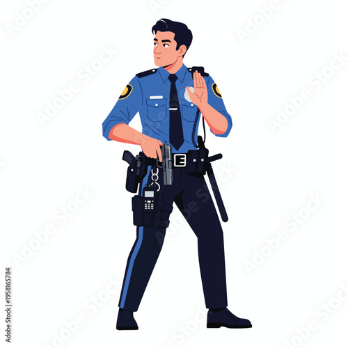 Determined male police officer with sidearm and radio, gesturing stop