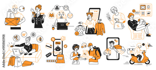 Stylized illustrations of people engaging in online shopping activities. Includes delivery, browsing, and payment depicted in modern vector style using orange and black tones.
