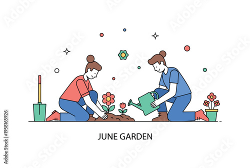 June garden planting friends kneeling beside a small patch of soil while placing young plants into the ground, a watering can and blooming flowers suggesting