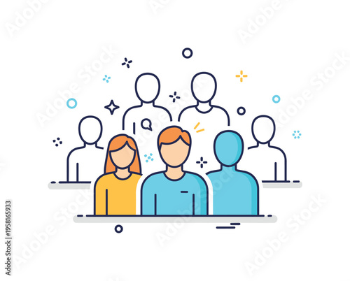 Alone in crowd central figure highlighted while surrounding figures are simplified outlines, emphasizing emotional separation within social settings. A modern