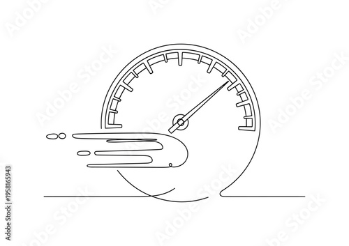 Dynamic Speed Gauge. Minimalistic one-line drawing circular speed gauge with motion effect lines on needle, continuous single black line on white background,