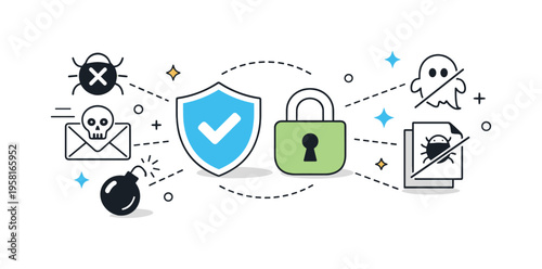 Protection from cyber attacks. Editorial illustration of abstract threat icons stopped by locks and shields within a network, showing prevention without drama.