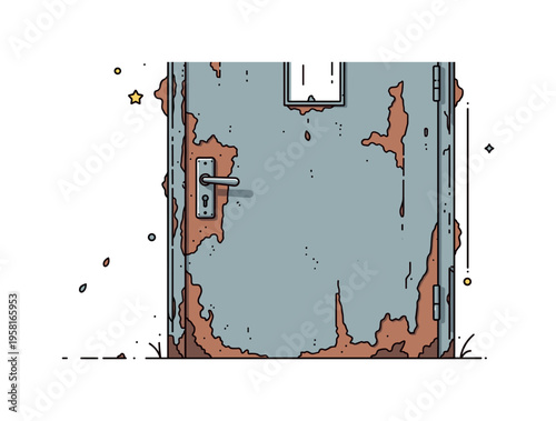 Rusty door texture with peeling paint and aged metal surface telling the story of time and weather exposure. An old door handle and tiny falling rust flakes