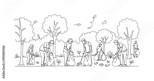 Forest Clean-Up. Minimalistic one-line drawing people collecting trash in forest for environmental conservation, continuous single black line on