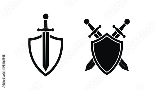Silhouette of shield and sword icons in black and white featuring silhouette