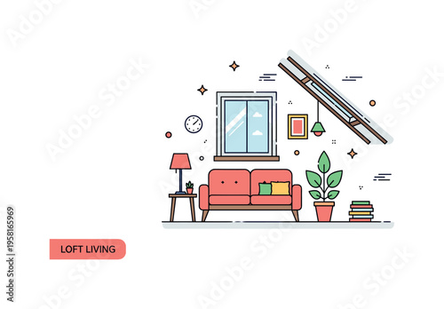 Finished attic living room compact loft lounge with a small sofa, plant, and skylight window under angled roof beams. A short label Loft Living captures the