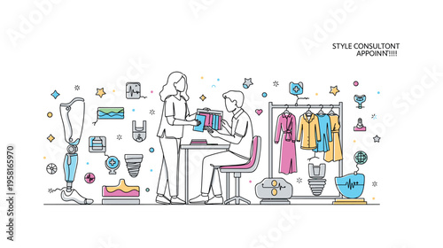 Style Consultation Appointment. Minimalistic one-line drawing client sitting while stylist presents fabric samples and clothing choices, continuous single