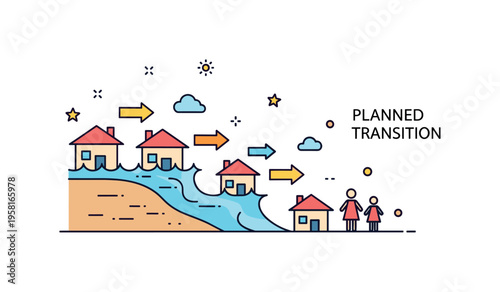 Rising sea level displacement illustrated through a simple shoreline with water encroaching toward small house shapes while arrows guide families toward