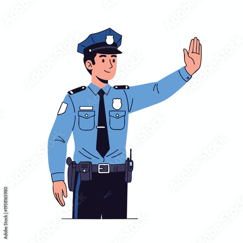 A uniformed officer waves their hand, signaling to stop