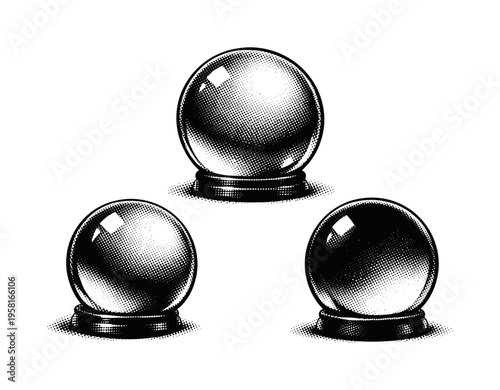 Crystal ball full isolated object. A realistic crystal ball displayed as one object in three different views, capturing complete spherical volume, surface