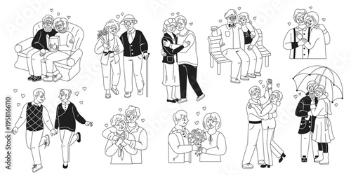 A series of illustrations featuring elderly couples displaying affection. Each couple engages in loving activities, highlighting companionship and joy.