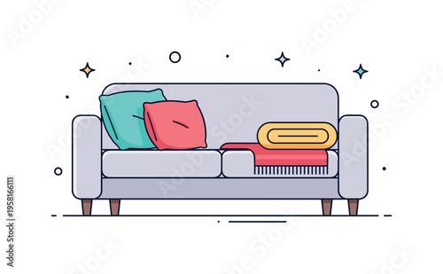 Cozy sofa relaxation a soft couch with plump pillows and a folded blanket suggesting comfortable rest after a long day at home. Minimalist flat