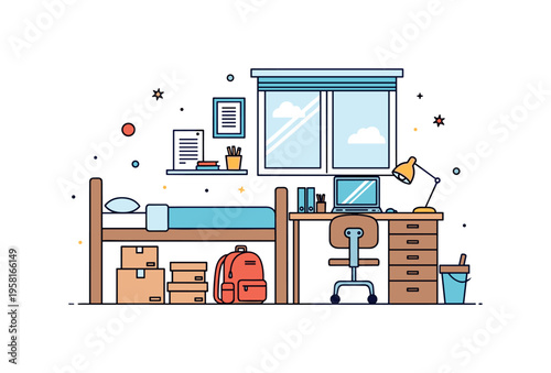 First day dorm setup a compact dorm bed and desk scene with a few unpacked boxes and a backpack suggesting the process of settling into a new college