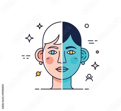 Dual nature character face split vertically into two forms with subtle symbolic elements on each side. A concise editorial badge about inner contrast and
