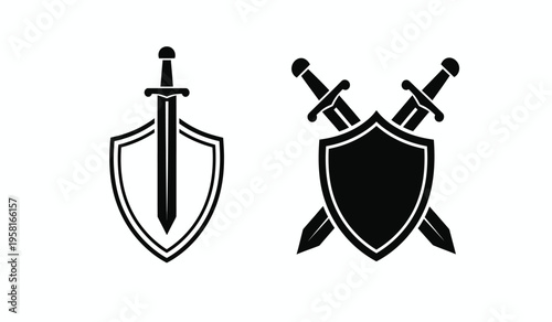Silhouette of shield and sword icons in black and white