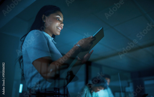 Bilde på lerret Happy, night and business woman on tablet for research, stock market review and investment