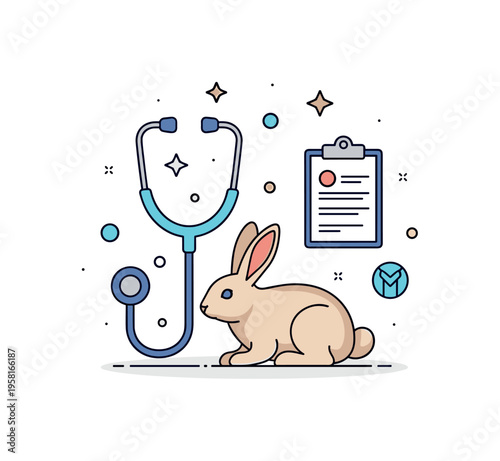 Veterinary care for wild animals stethoscope placed around a calm rabbit with a small clipboard icon accent. A reassuring micro scene highlighting professional
