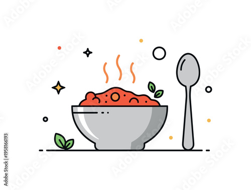 Chili in a bowl kitchen table meal with a steaming bowl of chili accompanied by a simple spoon and tiny garnish leaves. The warm composition reflects cozy