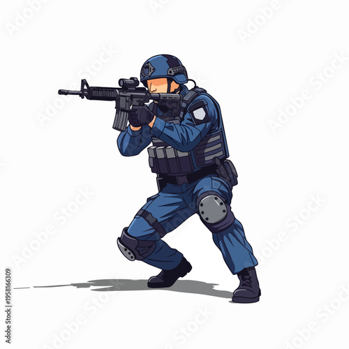 Tactical operative in blue uniform crouches, aiming a rifle with scope