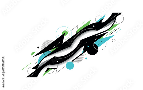 geometric shapes accenting flowing aurora ribbons abstract circles lines and geometric shapes representing dynamic sky patterns black and white retro aurora
