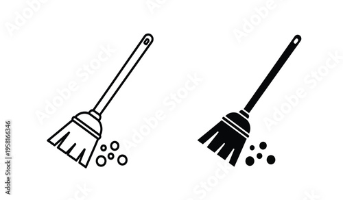 Silhouette of two brooms sweeping up debris in a simple black and white illustration