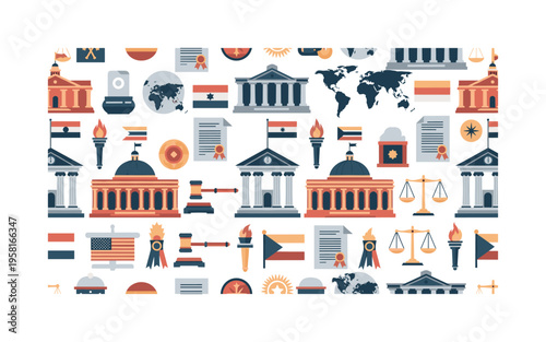 civic governance seamless pattern, government buildings, legislative halls, flags, maps, documents and civic symbols arranged in a repeating pattern, white