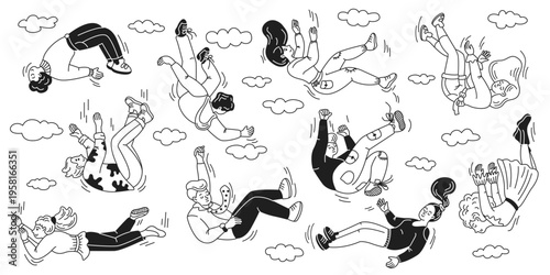 Animated figures falling through a sky dotted with clouds. Playful and whimsical tone. Black and white line art. Expresses suspension and movement.