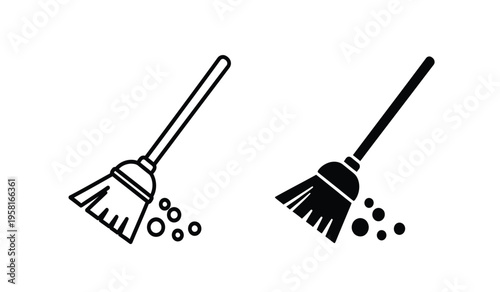 Silhouette of two brooms sweeping dust and debris in a simple black and white illustration