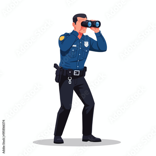 Law enforcement officer in uniform peering through binoculars