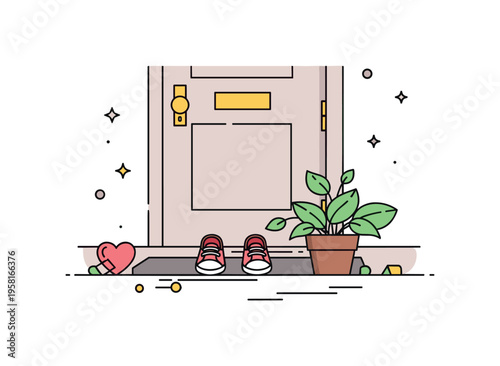 Tiny shoes waiting by the door on a simple doorstep next to a small houseplant and a heart shaped decoration. Peaceful domestic scene capturing anticipation